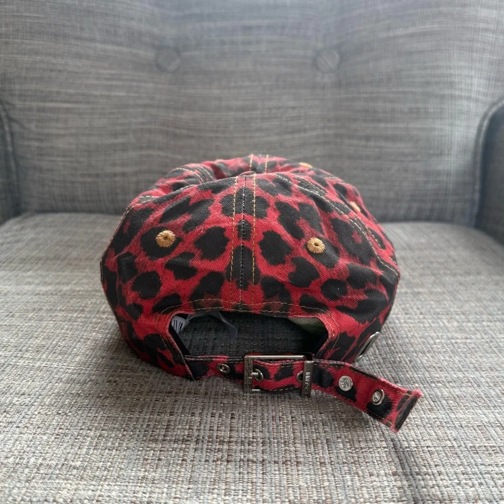 Ganni Red and Black Leopard-Print Baseball Cap with Hardware - Picture 3 of 5